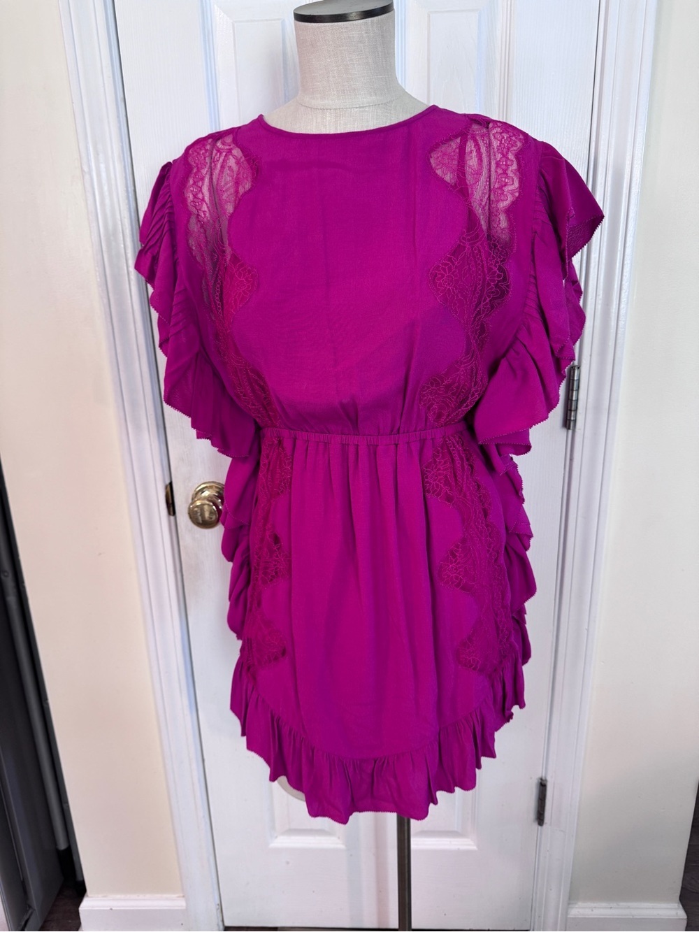 IRO Zestful Fuchsia Lace Ruffle Mini Dress Silk Feel Size 36 Small NWT - Picture 3 of 13
